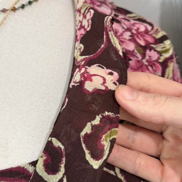 VTG Y2K Emma James Sheer Dark Brown Pink Floral Ruffled Bell Sleeve Wrap Top Set - Picture 7 of 8